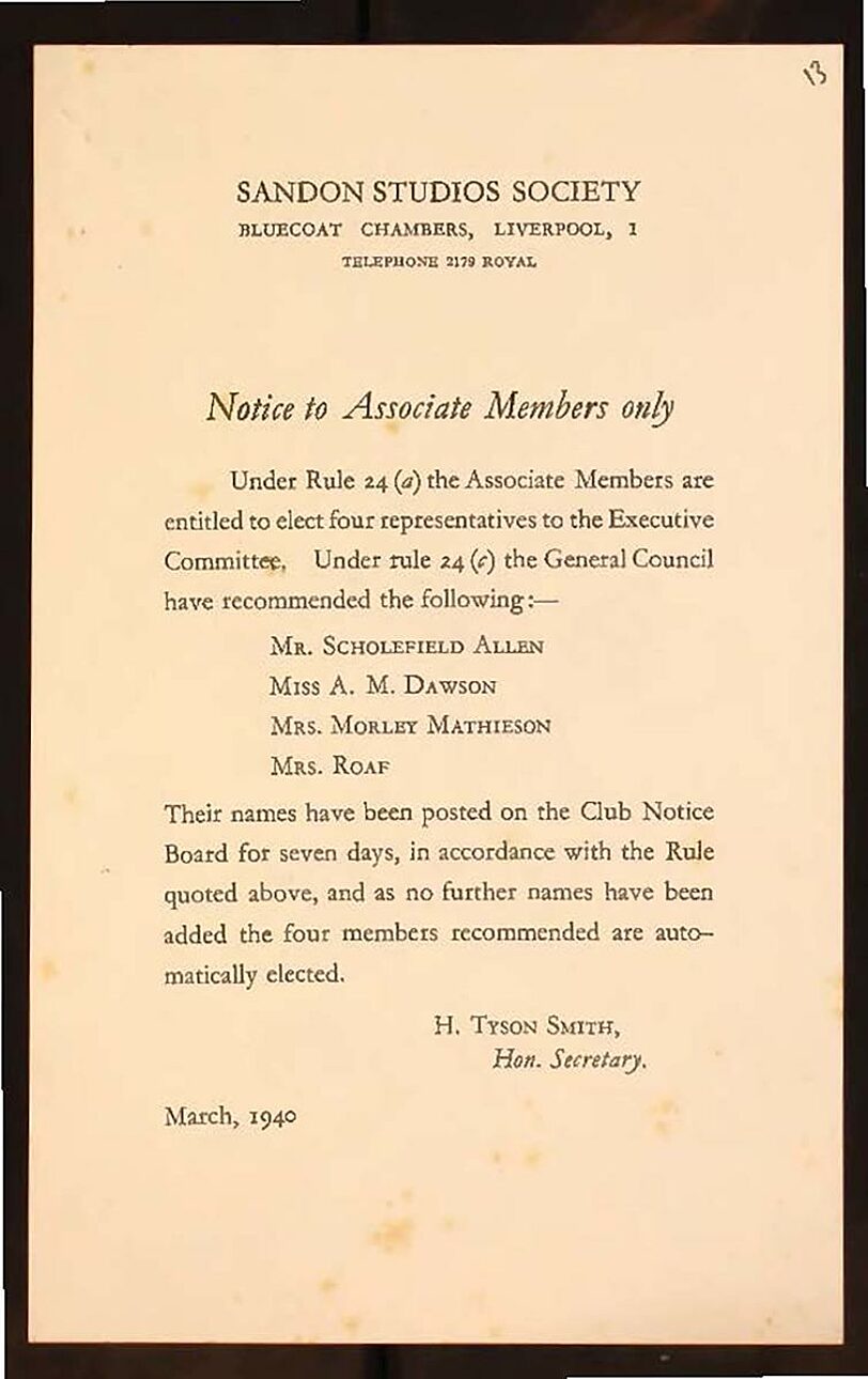 1940 Notice to Associate Members. Liverpool Record Office, Liverpool Libraries, reference: 367 SAN.